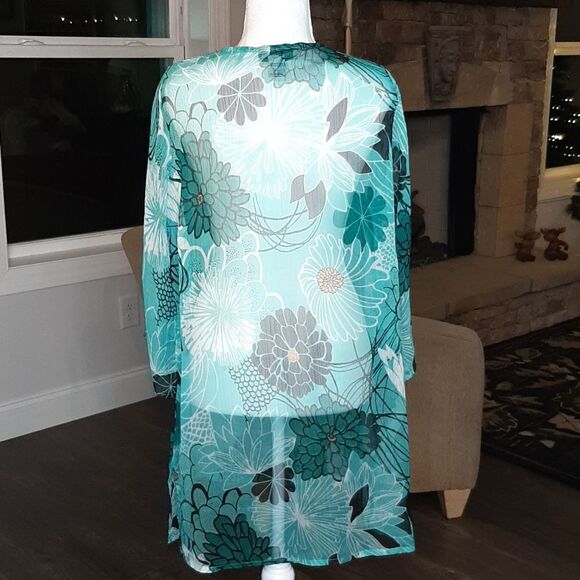 Cruisewear & Co Beaded Neckline Green with Floral Print Sheer Top - Picture 3 of 7